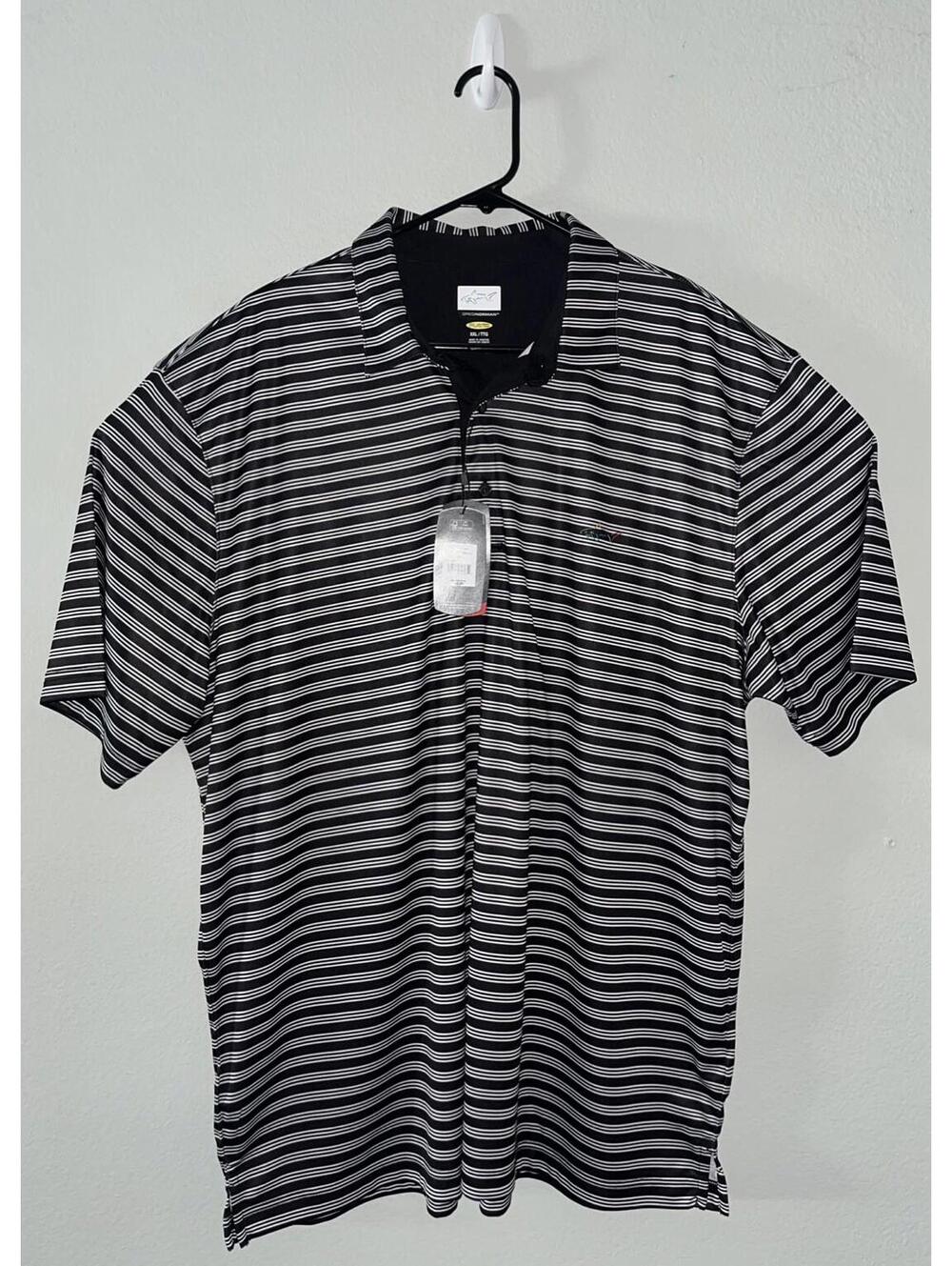 NWT Greg Norman Golf Polo Size XXL Shark Print Black Striped Moisture Wicking